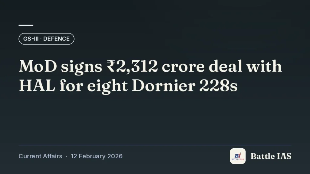 Battle IAS current affairs title card: MoD signs ₹2,312 crore deal with HAL for eight Dornier 228s (GS3 · Defence, 12 February 2026)