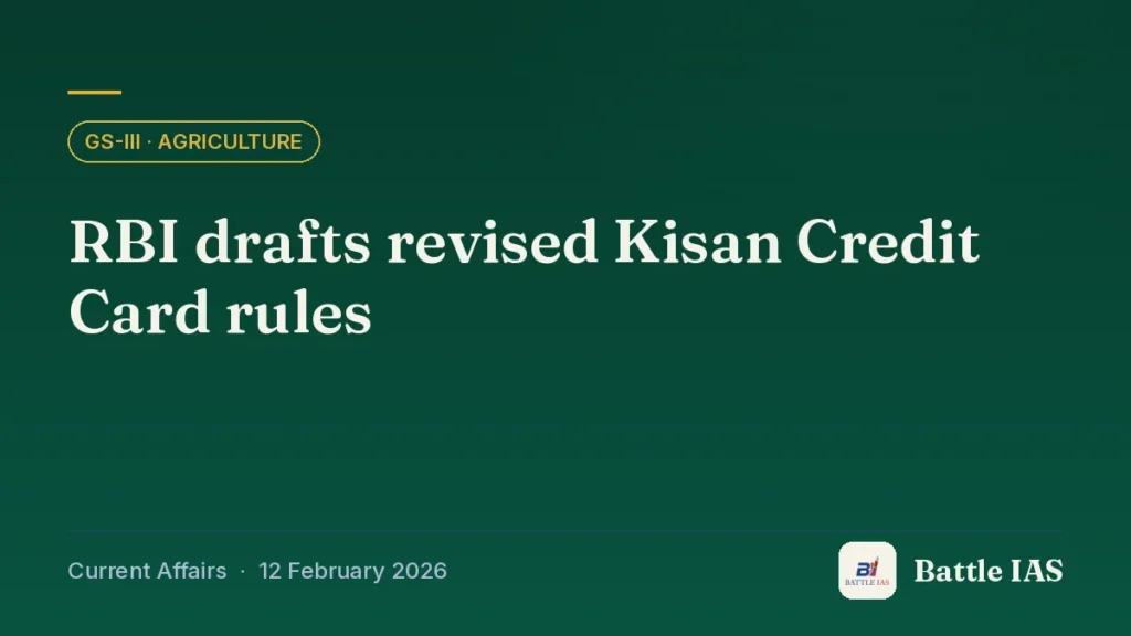 Battle IAS current affairs title card: RBI drafts revised Kisan Credit Card rules (GS3 · Agriculture, 12 February 2026)