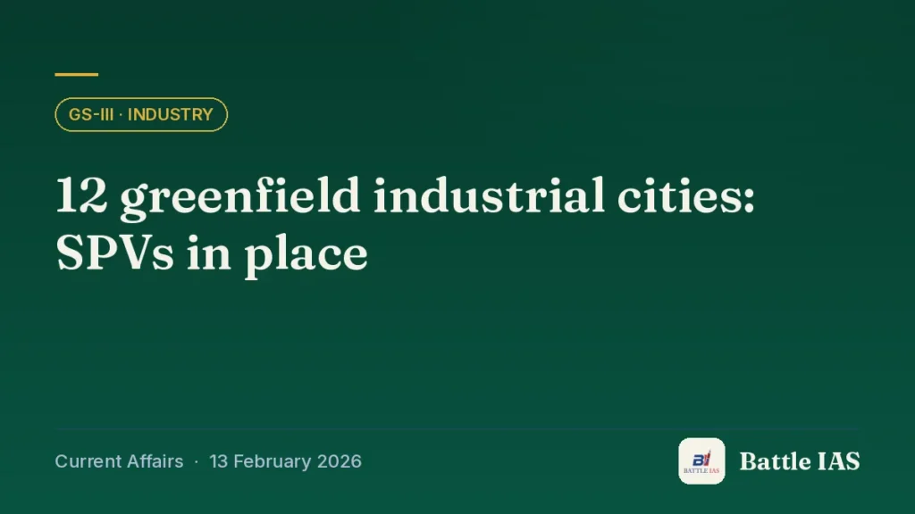 Battle IAS current affairs title card: 12 greenfield industrial cities: SPVs in place (GS3 · Industry, 13 February 2026)
