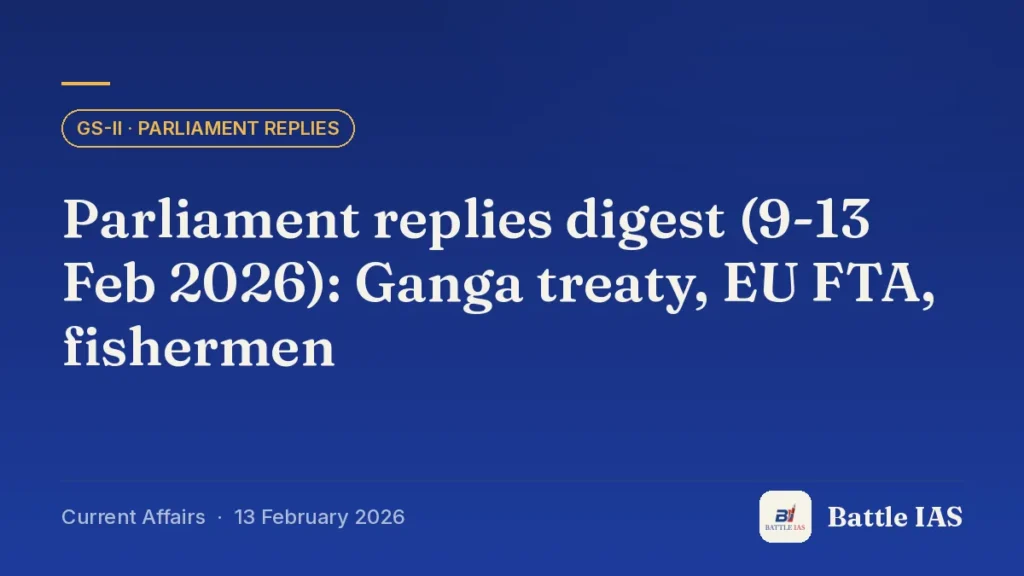 Battle IAS current affairs title card: Parliament replies digest (9-13 Feb 2026): Ganga treaty, EU FTA, fishermen (GS2 · Parliament replies, 13 February 2026)
