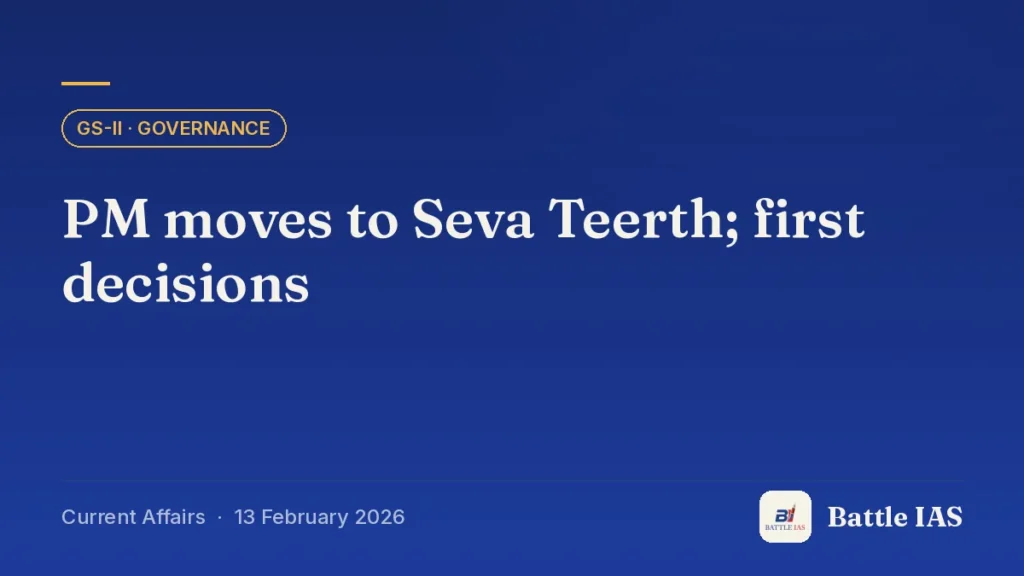 Battle IAS current affairs title card: PM moves to Seva Teerth; first decisions (GS2 · Governance, 13 February 2026)