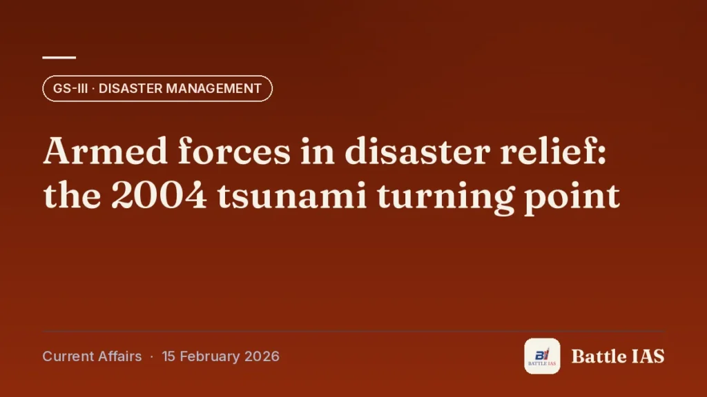 Battle IAS current affairs title card: Armed forces in disaster relief: the 2004 tsunami turning point (GS3 · Disaster management, 15 February 2026)