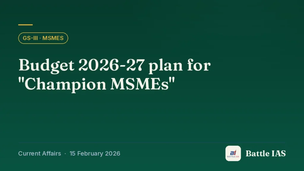 Battle IAS current affairs title card: Budget 2026-27 plan for "Champion MSMEs" (GS3 · MSMEs, 15 February 2026)