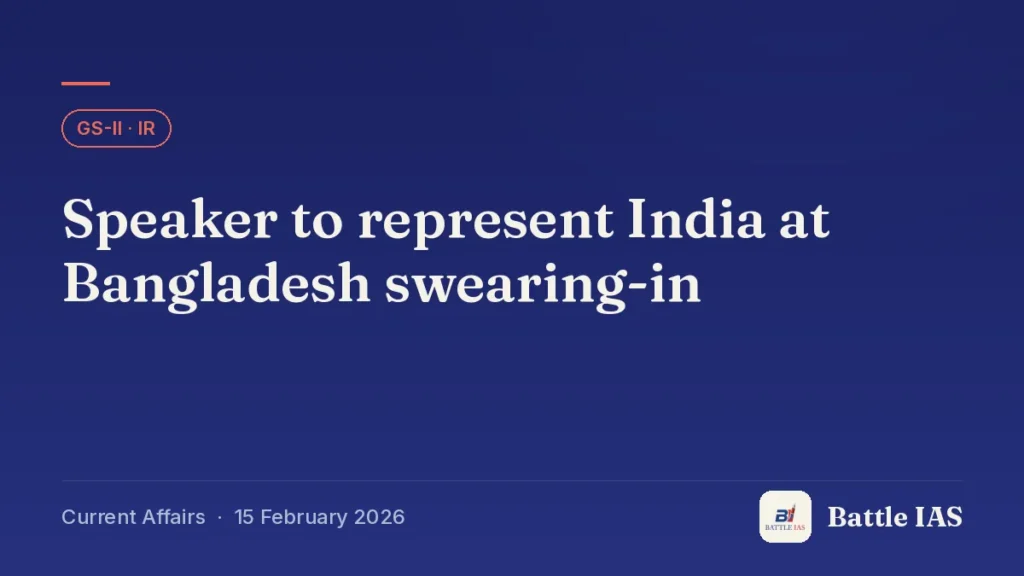 Battle IAS current affairs title card: Speaker to represent India at Bangladesh swearing-in (GS2 · IR, 15 February 2026)