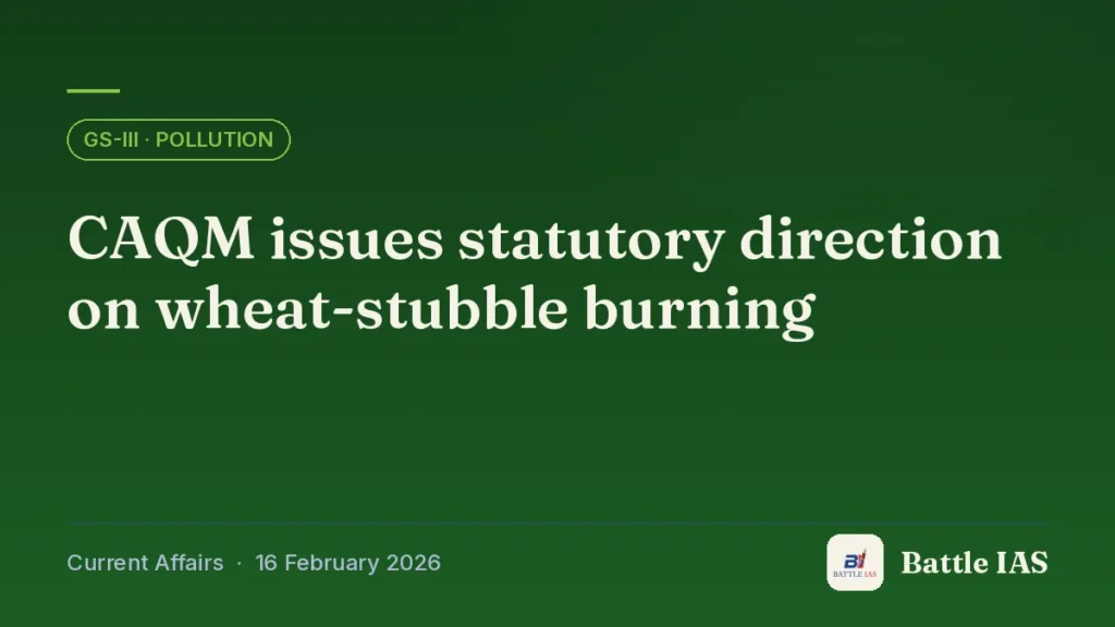 Battle IAS current affairs title card: CAQM issues statutory direction on wheat-stubble burning (GS3 · Pollution, 16 February 2026)