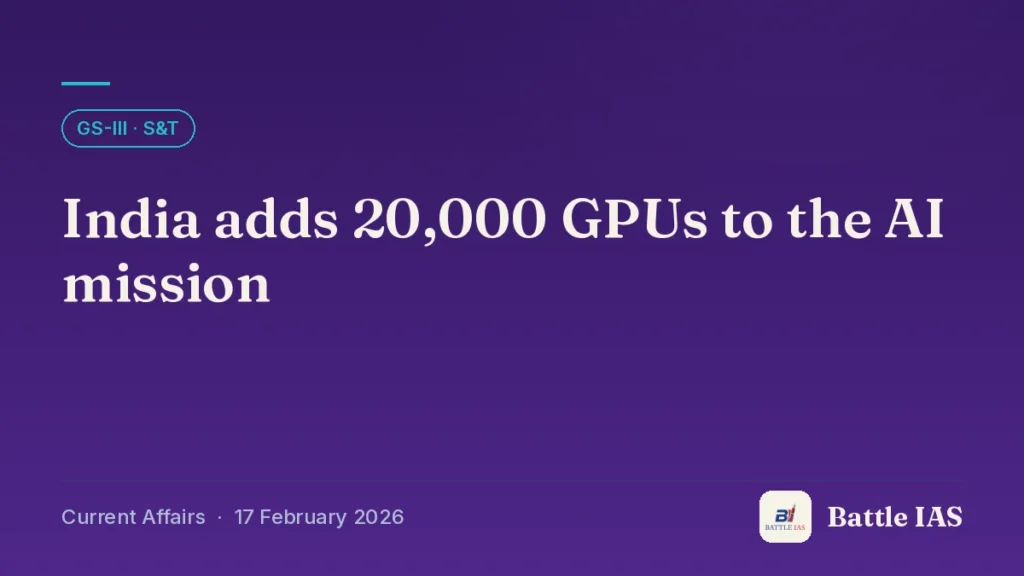 Battle IAS current affairs title card: India adds 20,000 GPUs to the AI mission (GS3 · S&T, 17 February 2026)