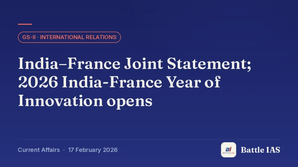 Battle IAS current affairs title card: India–France Joint Statement; 2026 India-France Year of Innovation opens (GS2 · International relations, 17 February 2026)