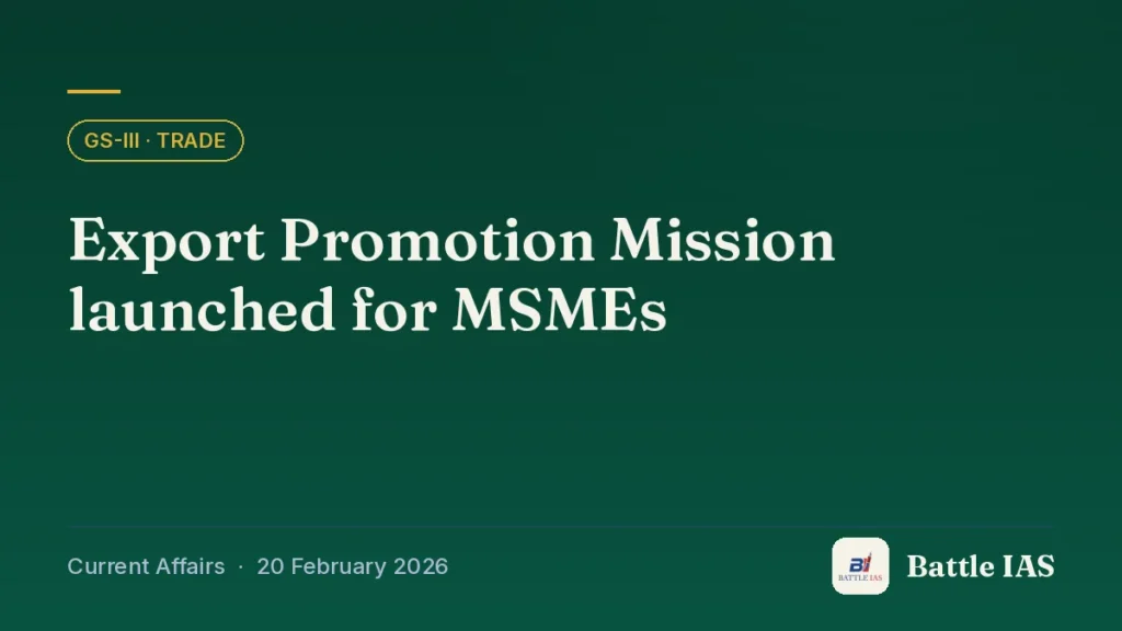 Battle IAS current affairs title card: Export Promotion Mission launched for MSMEs (GS3 · Trade, 20 February 2026)