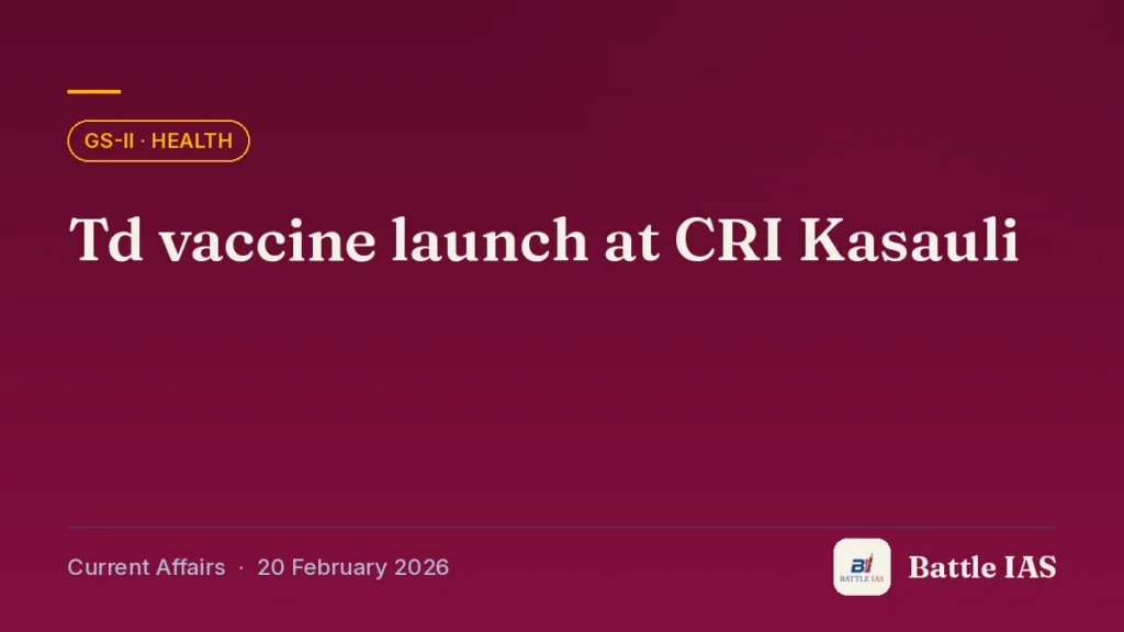 Battle IAS current affairs title card: Td vaccine launch at CRI Kasauli (GS2 · Health, 20 February 2026)