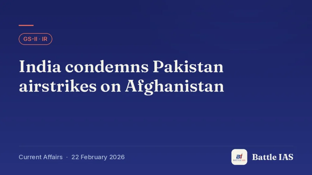 Battle IAS current affairs title card: India condemns Pakistan airstrikes on Afghanistan (GS2 · IR, 22 February 2026)