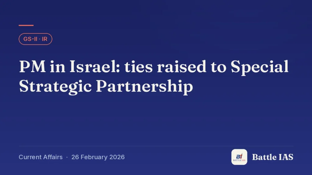 Battle IAS current affairs title card: PM in Israel: ties raised to Special Strategic Partnership (GS2 · IR, 26 February 2026)