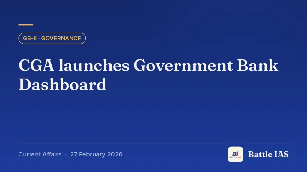 Battle IAS current affairs title card: CGA launches Government Bank Dashboard (GS2 · Governance, 27 February 2026)