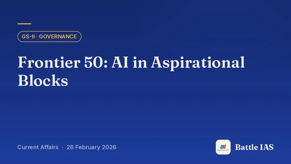 Battle IAS current affairs title card: Frontier 50: AI in Aspirational Blocks (GS2 · Governance, 28 February 2026)