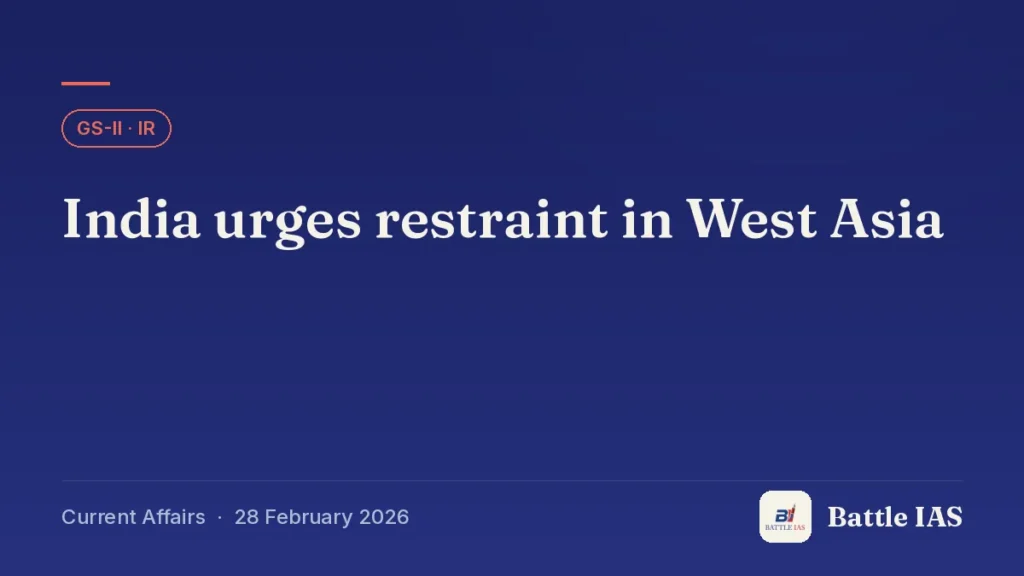 Battle IAS current affairs title card: India urges restraint in West Asia (GS2 · IR, 28 February 2026)