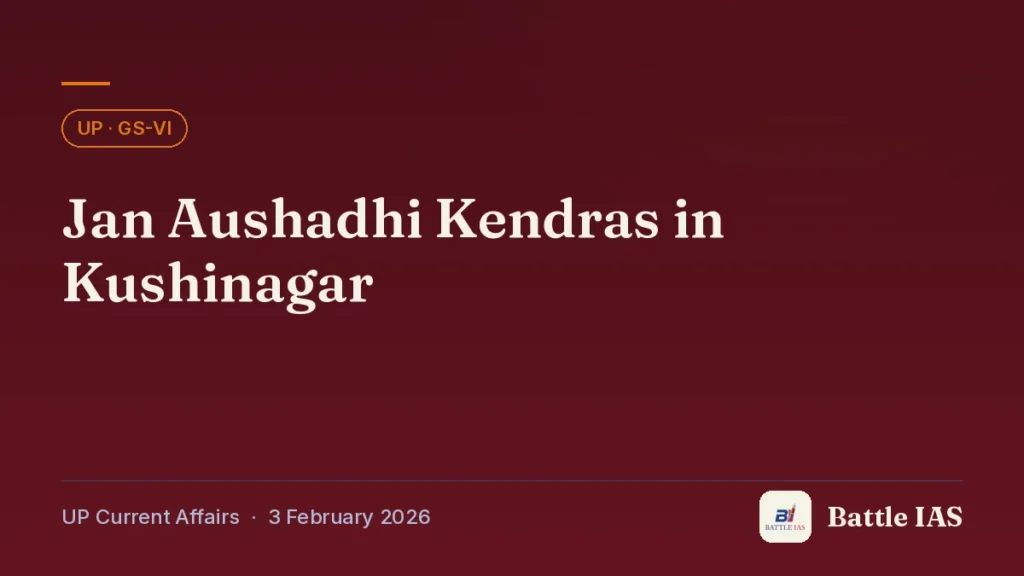 Battle IAS UP current affairs title card: Jan Aushadhi Kendras in Kushinagar (, 3 February 2026)