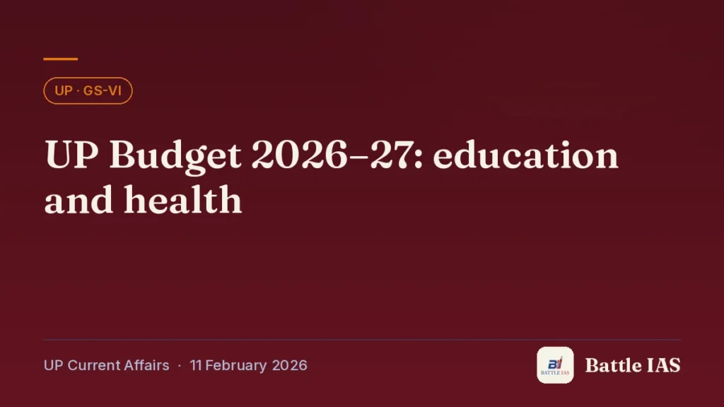 Battle IAS UP current affairs title card: UP Budget 2026–27: education and health (, 11 February 2026)