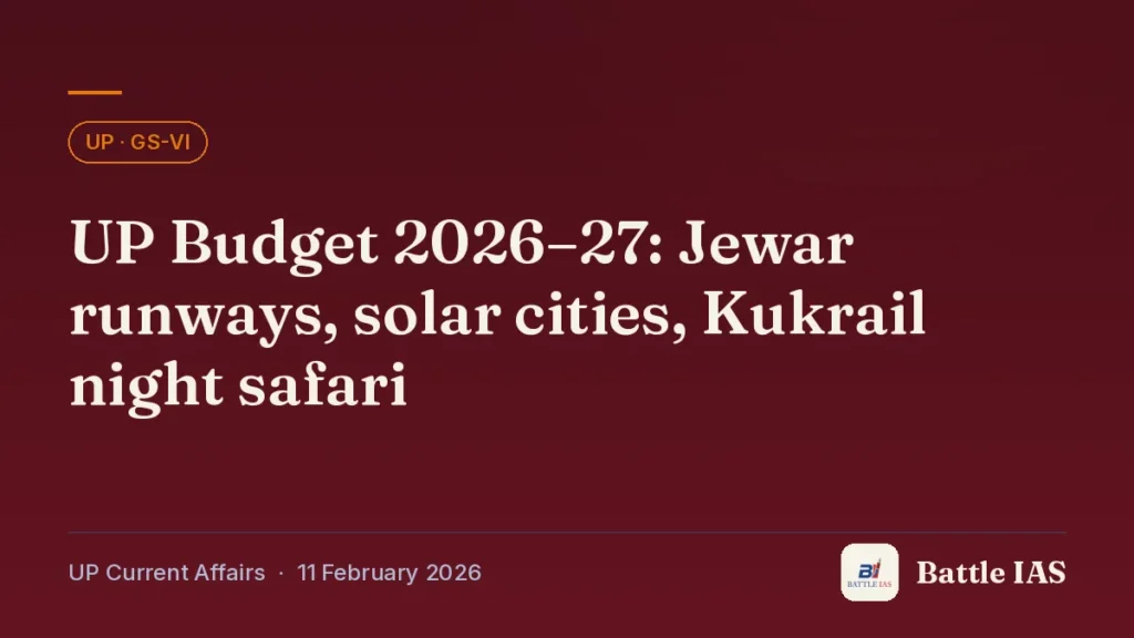Battle IAS UP current affairs title card: UP Budget 2026–27: Jewar runways, solar cities, Kukrail night safari (, 11 February 2026)