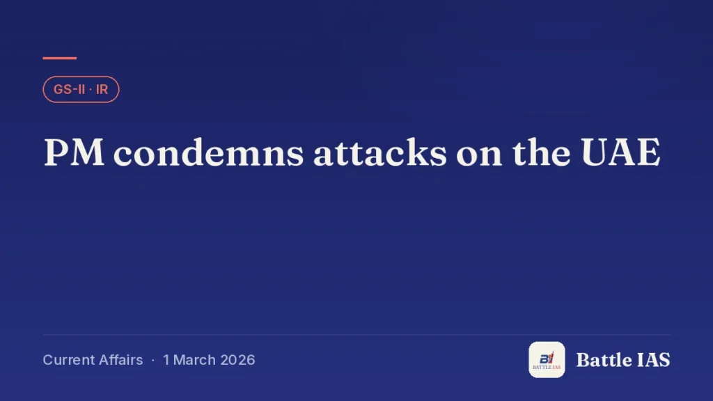 Battle IAS current affairs title card: PM condemns attacks on the UAE (GS2 · IR, 1 March 2026)