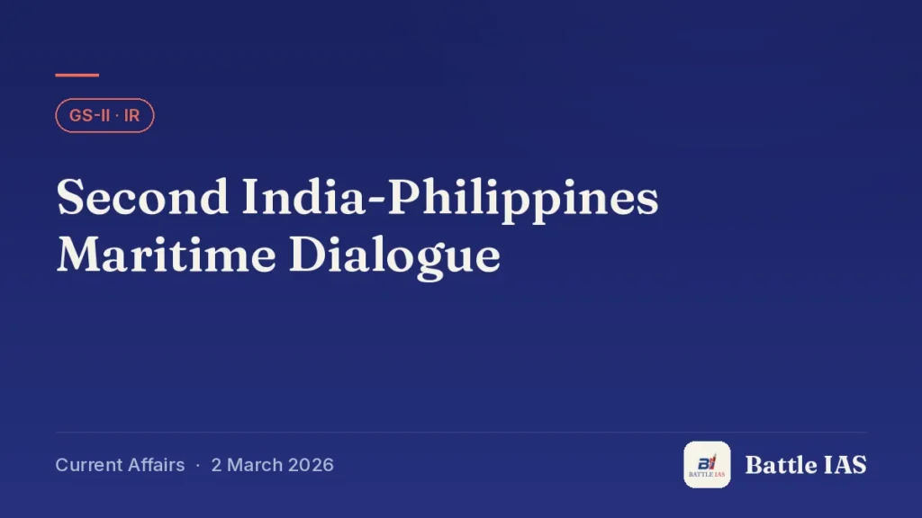 Battle IAS current affairs title card: Second India-Philippines Maritime Dialogue (GS2 · IR, 2 March 2026)
