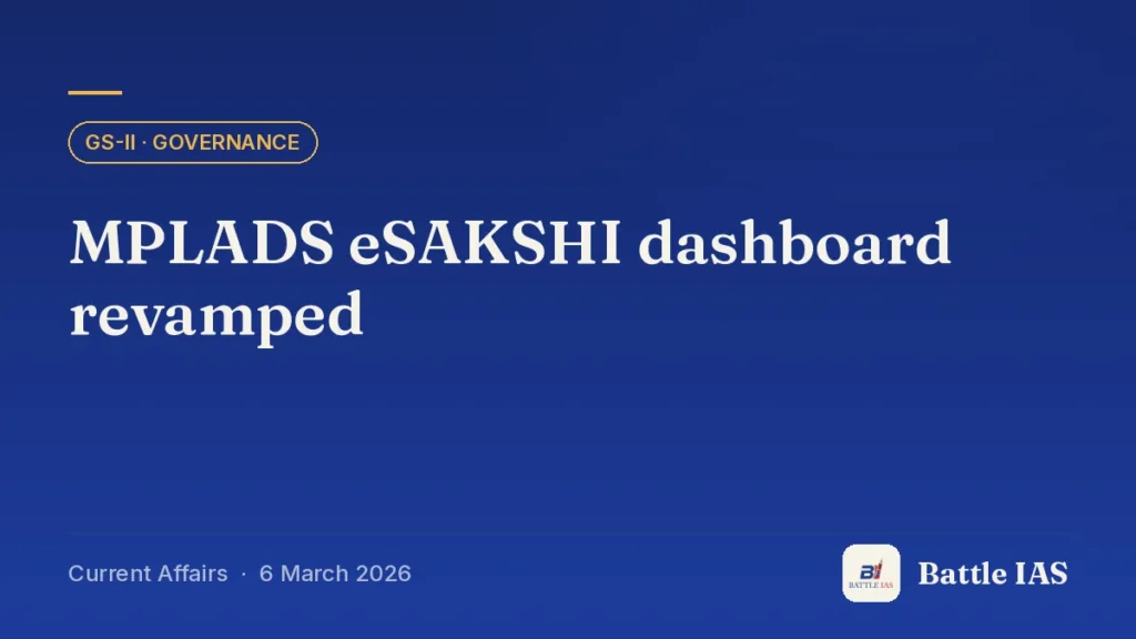 Battle IAS current affairs title card: MPLADS eSAKSHI dashboard revamped (GS2 · Governance, 6 March 2026)