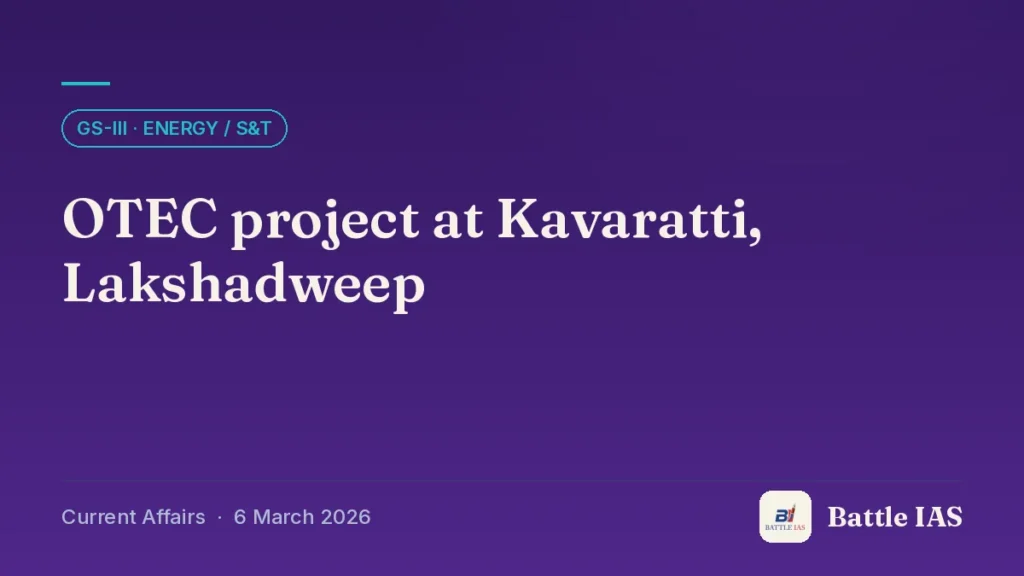 Battle IAS current affairs title card: OTEC project at Kavaratti, Lakshadweep (GS3 · Energy / S&T, 6 March 2026)