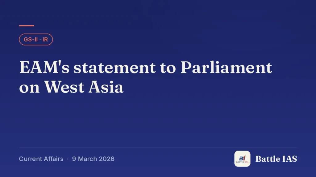 Battle IAS current affairs title card: EAM's statement to Parliament on West Asia (GS2 · IR, 9 March 2026)