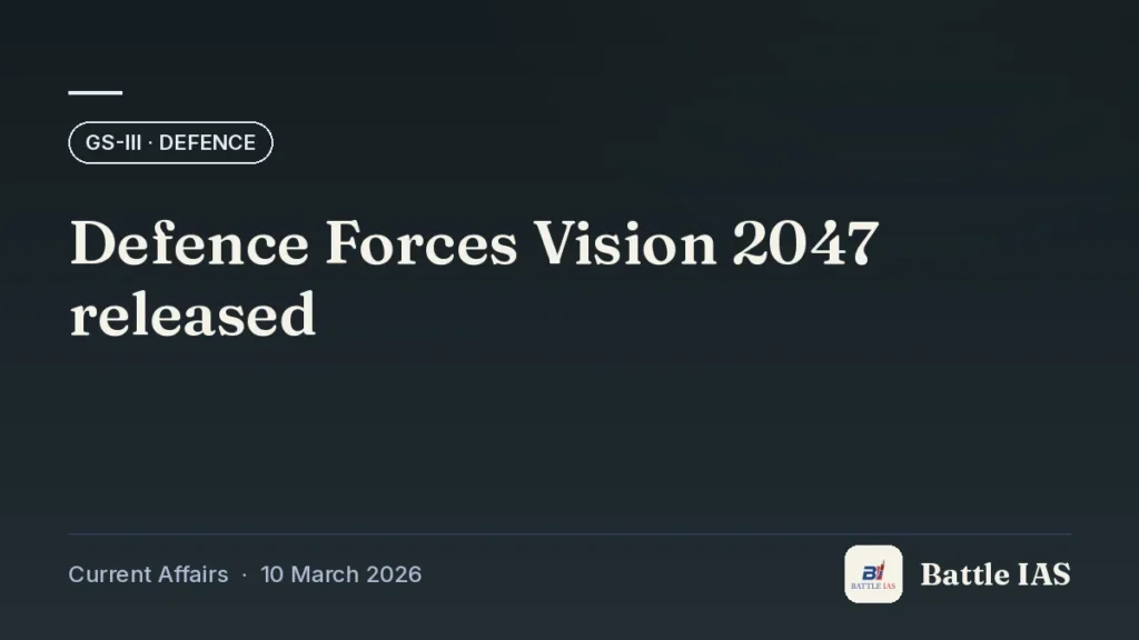 Battle IAS current affairs title card: Defence Forces Vision 2047 released (GS3 · Defence, 10 March 2026)