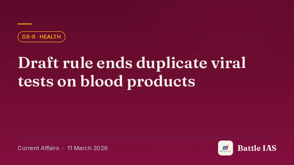 Battle IAS current affairs title card: Draft rule ends duplicate viral tests on blood products (GS2 · Health, 11 March 2026)