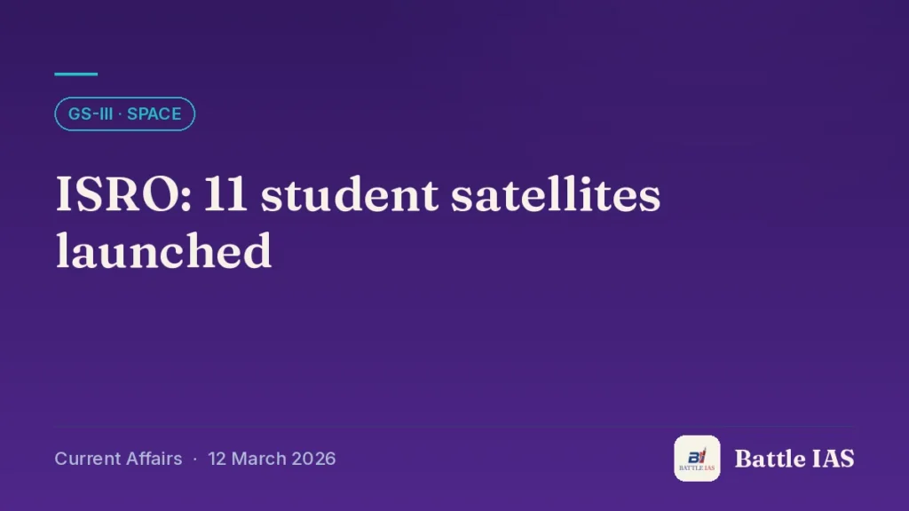 Battle IAS current affairs title card: ISRO: 11 student satellites launched (GS3 · Space, 12 March 2026)