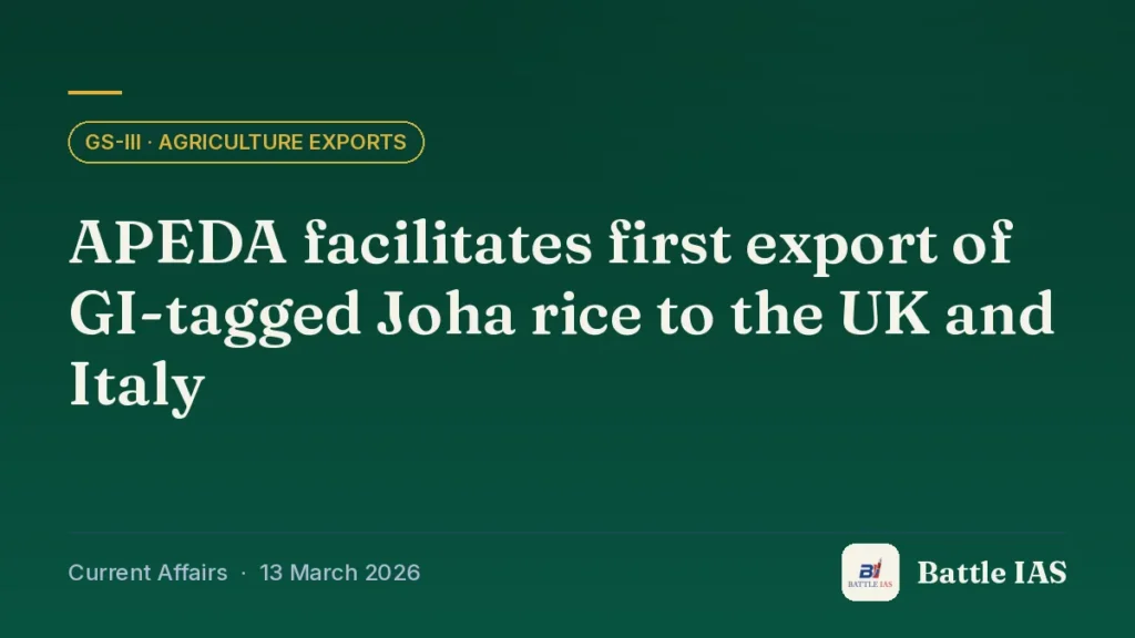Battle IAS current affairs title card: APEDA facilitates first export of GI-tagged Joha rice to the UK and Italy (GS3 · Agriculture exports, 13 March 2026)