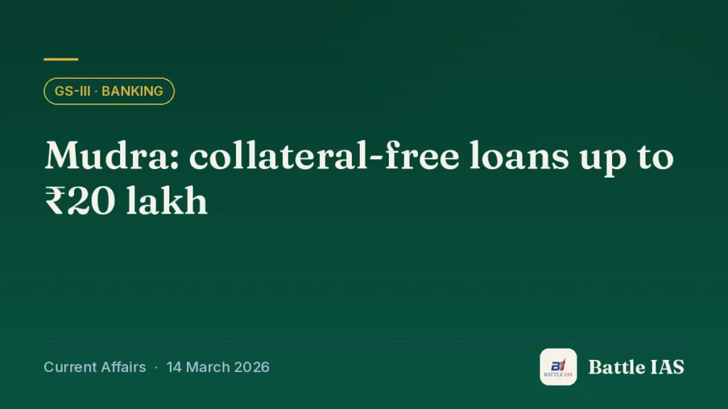 Battle IAS current affairs title card: Mudra: collateral-free loans up to ₹20 lakh (GS3 · Banking, 14 March 2026)