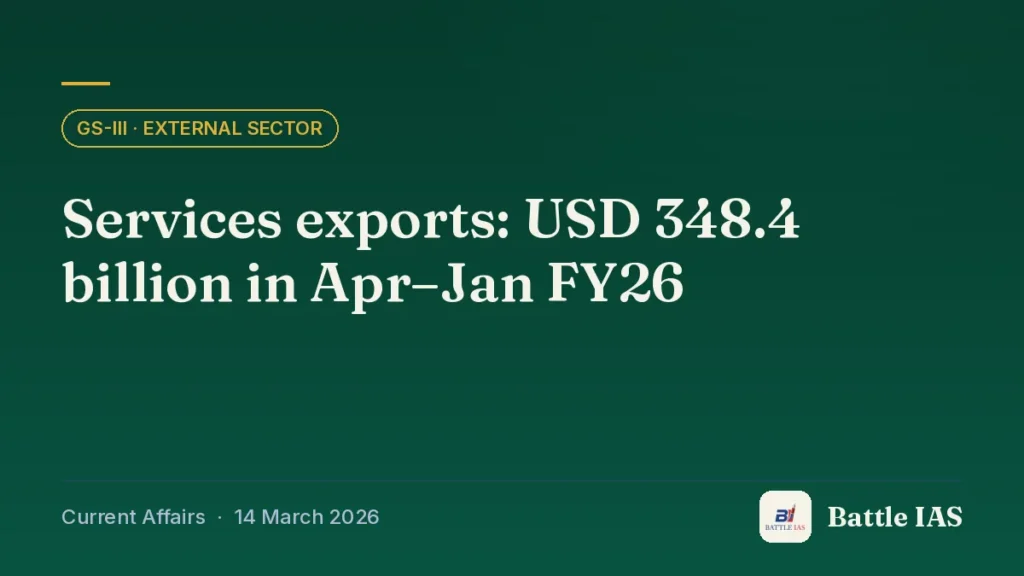 Battle IAS current affairs title card: Services exports: USD 348.4 billion in Apr–Jan FY26 (GS3 · External sector, 14 March 2026)