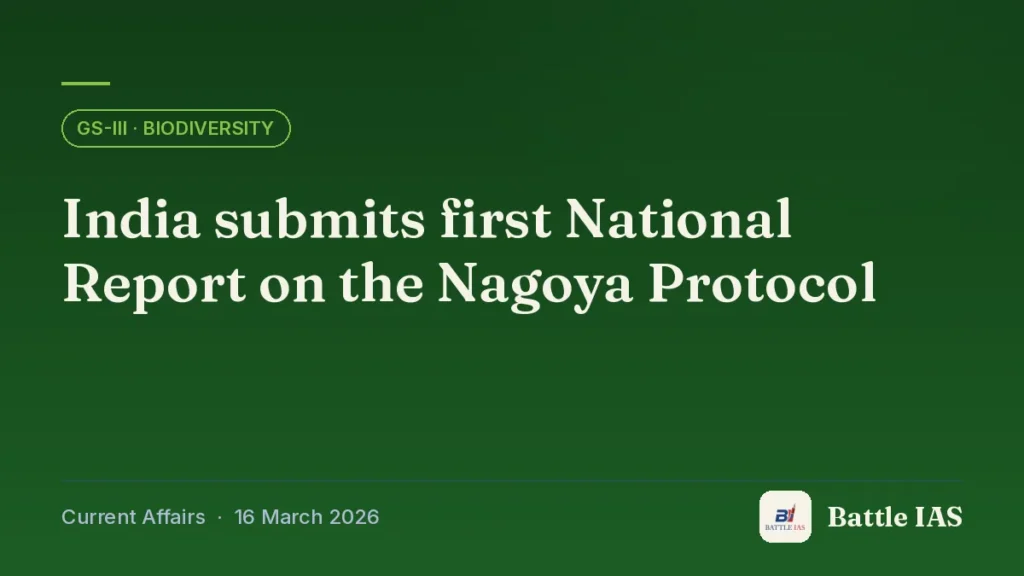 Battle IAS current affairs title card: India submits first National Report on the Nagoya Protocol (GS3 · Biodiversity, 16 March 2026)