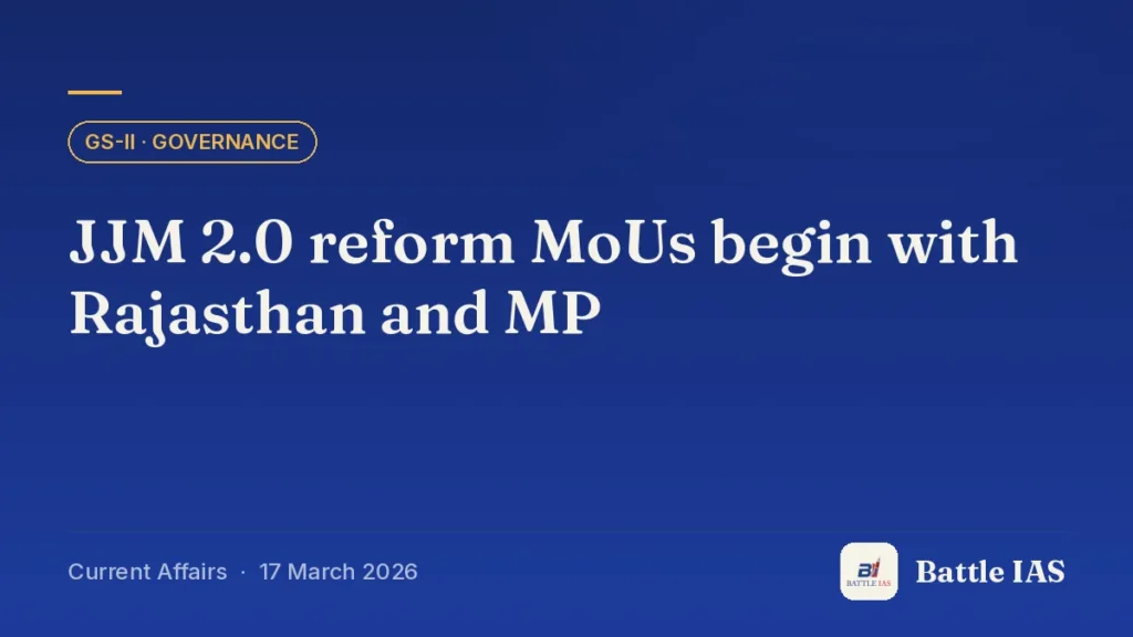 Battle IAS current affairs title card: JJM 2.0 reform MoUs begin with Rajasthan and MP (GS2 · Governance, 17 March 2026)