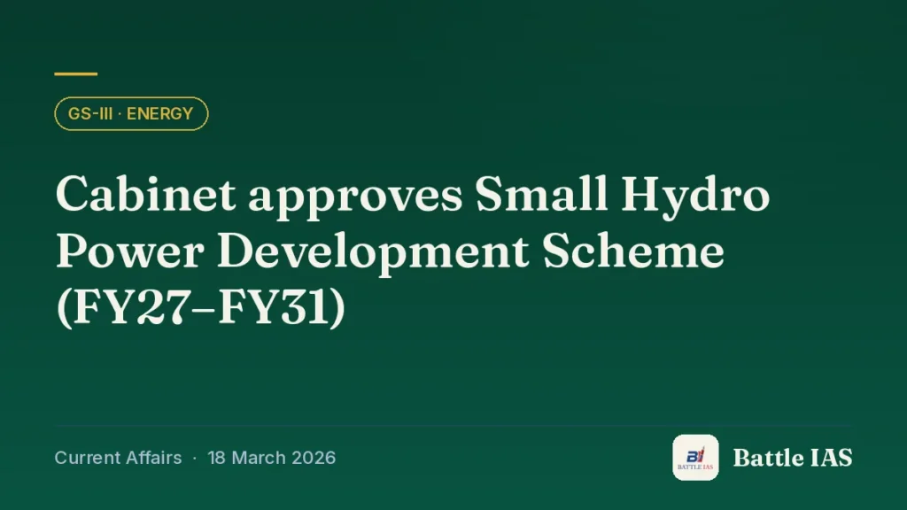 Battle IAS current affairs title card: Cabinet approves Small Hydro Power Development Scheme (FY27–FY31) (GS3 · Energy, 18 March 2026)