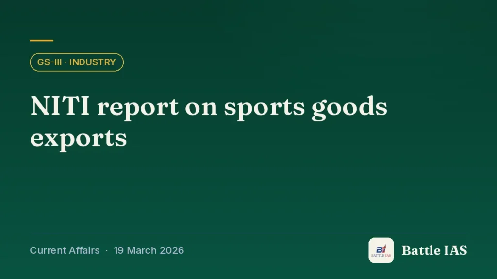 Battle IAS current affairs title card: NITI report on sports goods exports (GS3 · Industry, 19 March 2026)