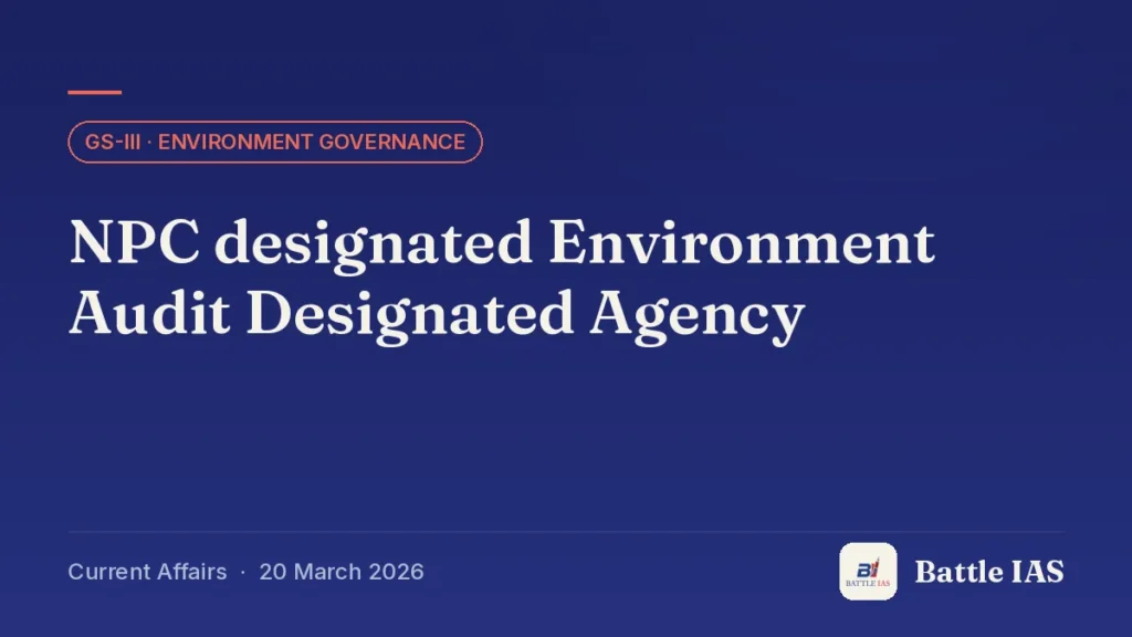 Battle IAS current affairs title card: NPC designated Environment Audit Designated Agency (GS3 · Environment governance, 20 March 2026)