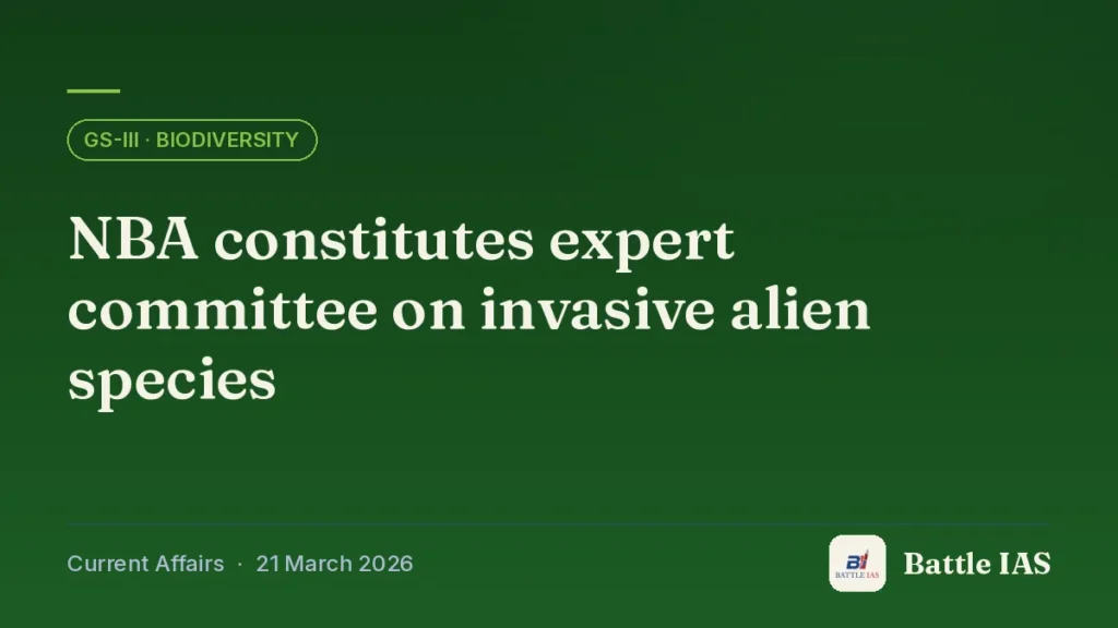 Battle IAS current affairs title card: NBA constitutes expert committee on invasive alien species (GS3 · Biodiversity, 21 March 2026)