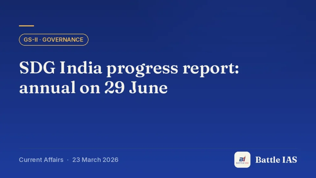 Battle IAS current affairs title card: SDG India progress report: annual on 29 June (GS2 · Governance, 23 March 2026)