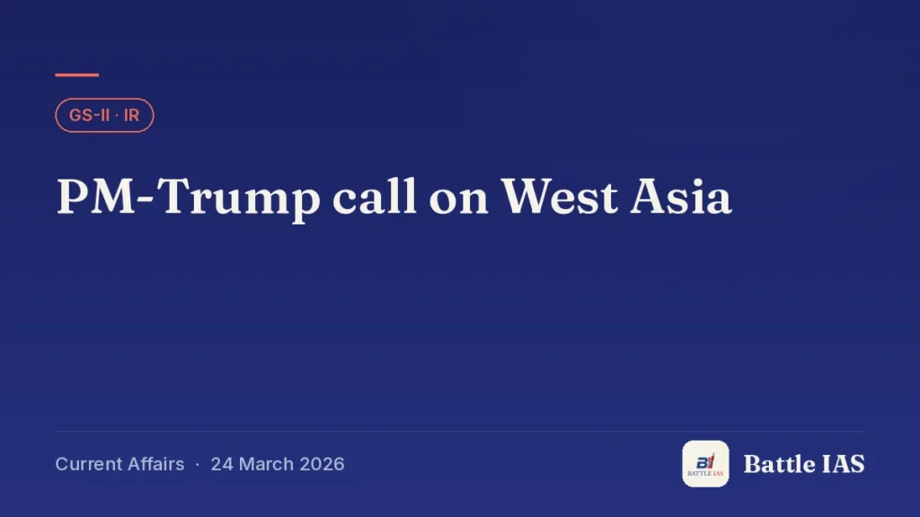 Battle IAS current affairs title card: PM-Trump call on West Asia (GS2 · IR, 24 March 2026)