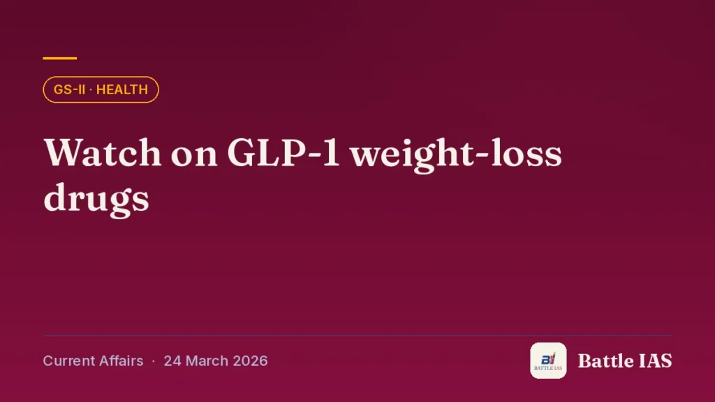 Battle IAS current affairs title card: Watch on GLP-1 weight-loss drugs (GS2 · Health, 24 March 2026)