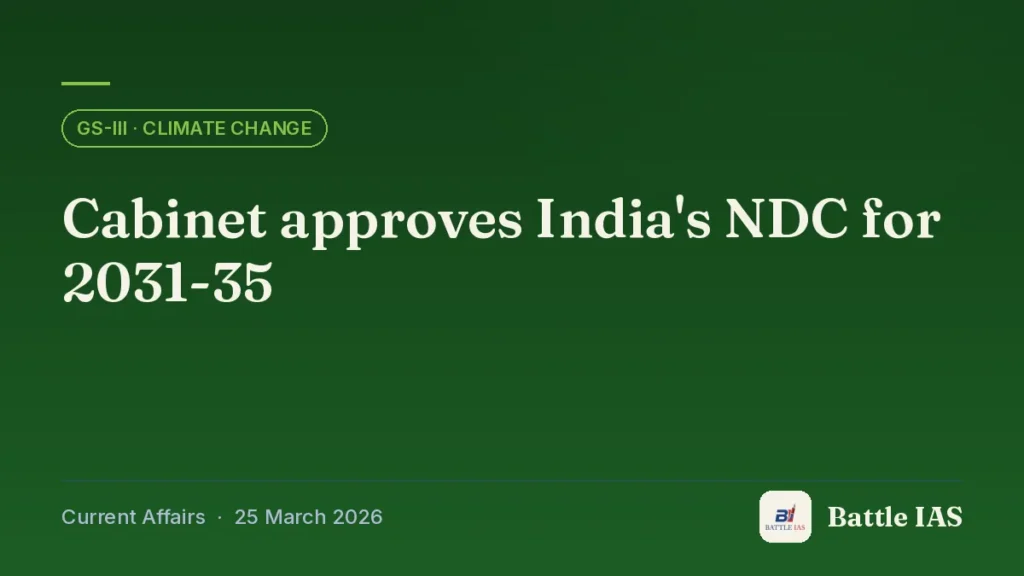 Battle IAS current affairs title card: Cabinet approves India's NDC for 2031-35 (GS3 · Climate change, 25 March 2026)