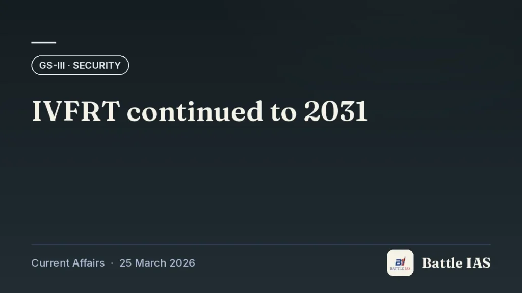 Battle IAS current affairs title card: IVFRT continued to 2031 (GS3 · Security, 25 March 2026)