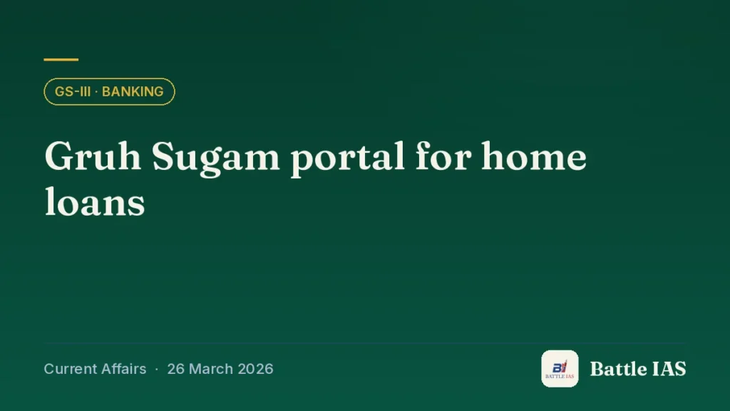 Battle IAS current affairs title card: Gruh Sugam portal for home loans (GS3 · Banking, 26 March 2026)