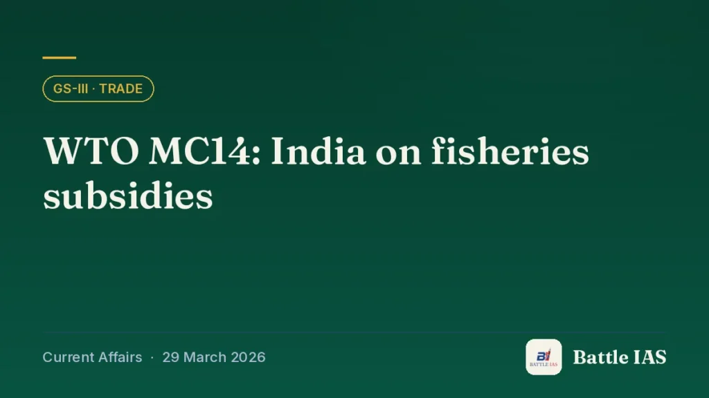 Battle IAS current affairs title card: WTO MC14: India on fisheries subsidies (GS3 · Trade, 29 March 2026)