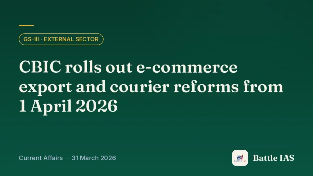 Battle IAS current affairs title card: CBIC rolls out e-commerce export and courier reforms from 1 April 2026 (GS3 · External sector, 31 March 2026)