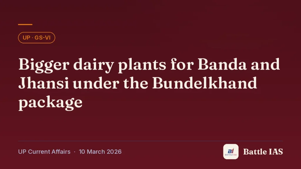 Battle IAS UP current affairs title card: Bigger dairy plants for Banda and Jhansi under the Bundelkhand package (, 10 March 2026)