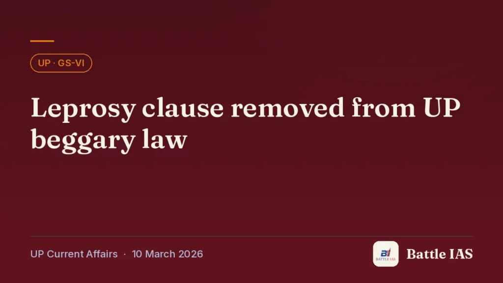 Battle IAS UP current affairs title card: Leprosy clause removed from UP beggary law (, 10 March 2026)