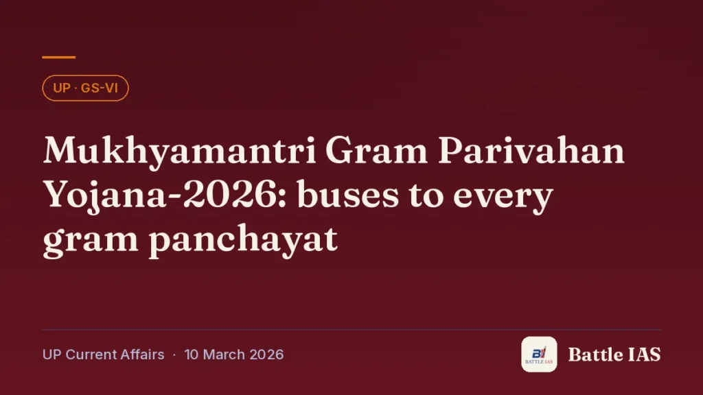 Battle IAS UP current affairs title card: Mukhyamantri Gram Parivahan Yojana-2026: buses to every gram panchayat (, 10 March 2026)