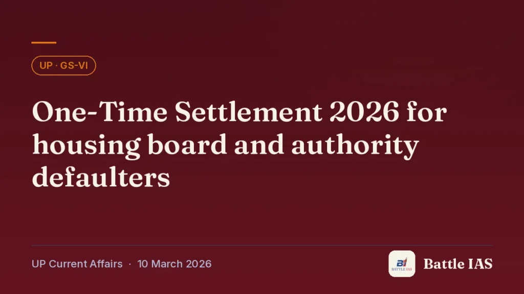Battle IAS UP current affairs title card: One-Time Settlement 2026 for housing board and authority defaulters (, 10 March 2026)